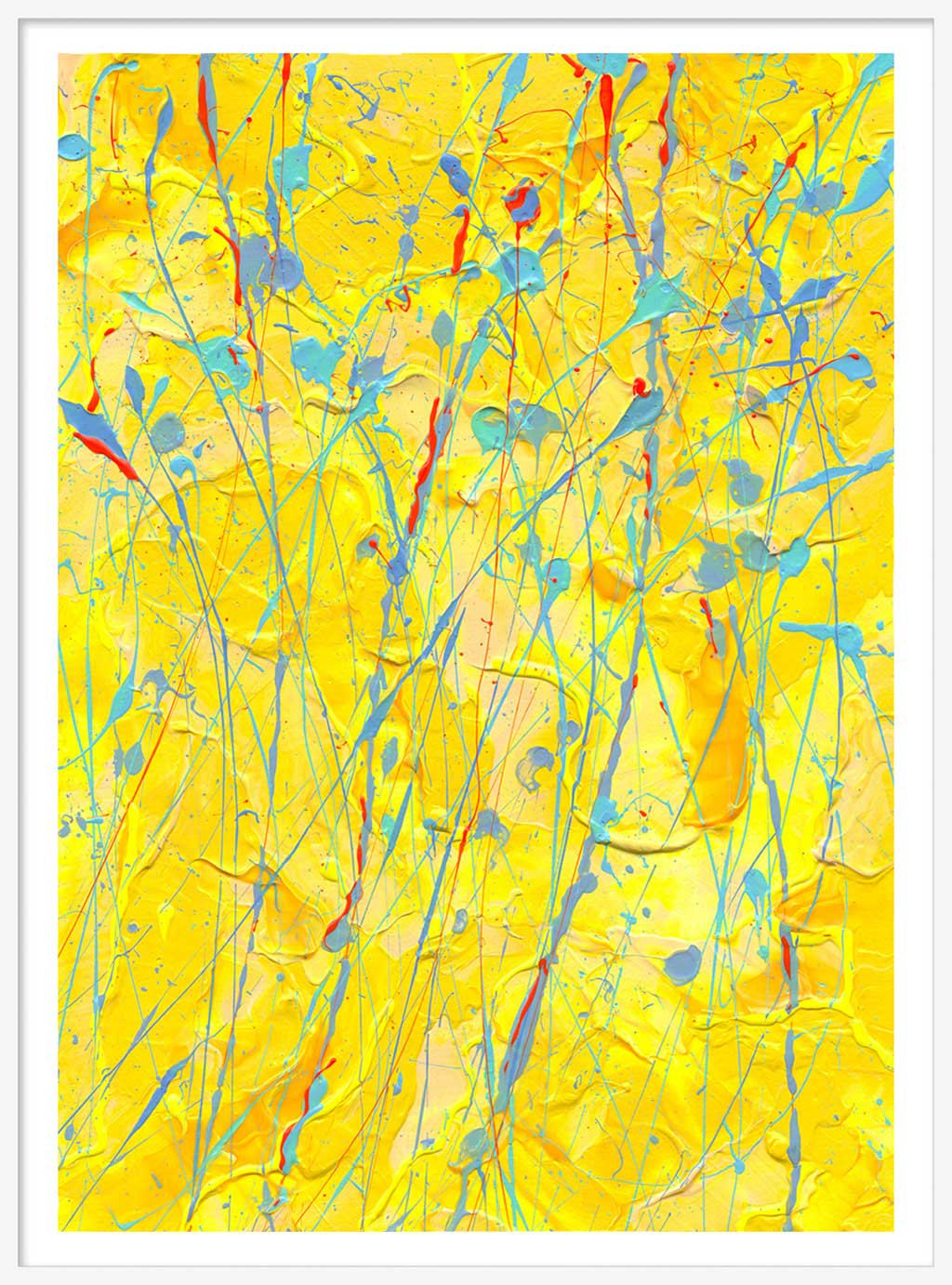 Sunflower paper print seen framed in white frame with 2cm border. After original painting by Bridget Bradley, Abstract Expressionist Artist