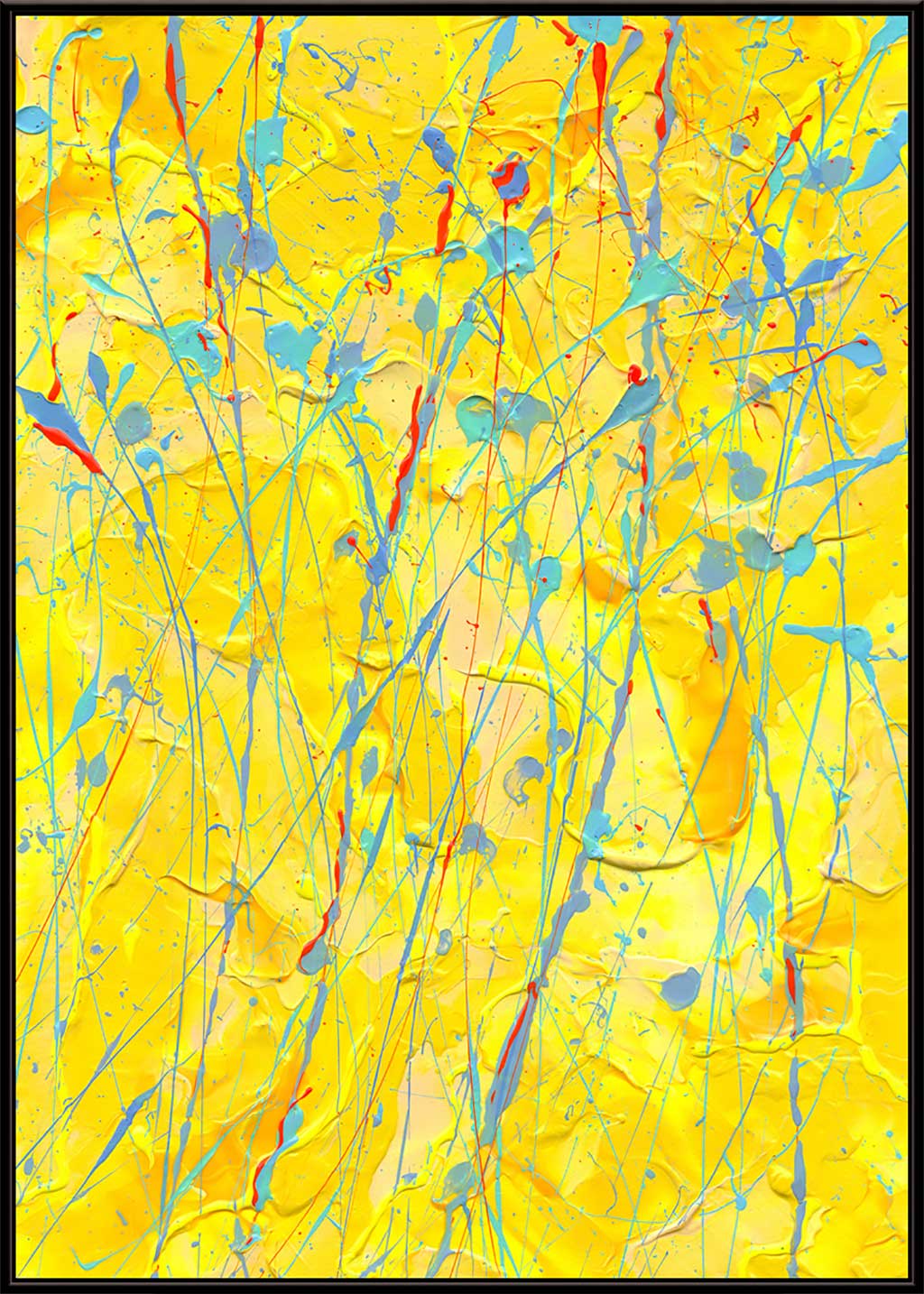 Sunflower Wall Art Canvas Print Seen in Black Frame. Bright yellows, ornage and blue marks. After original painting b y Bridget Bradley