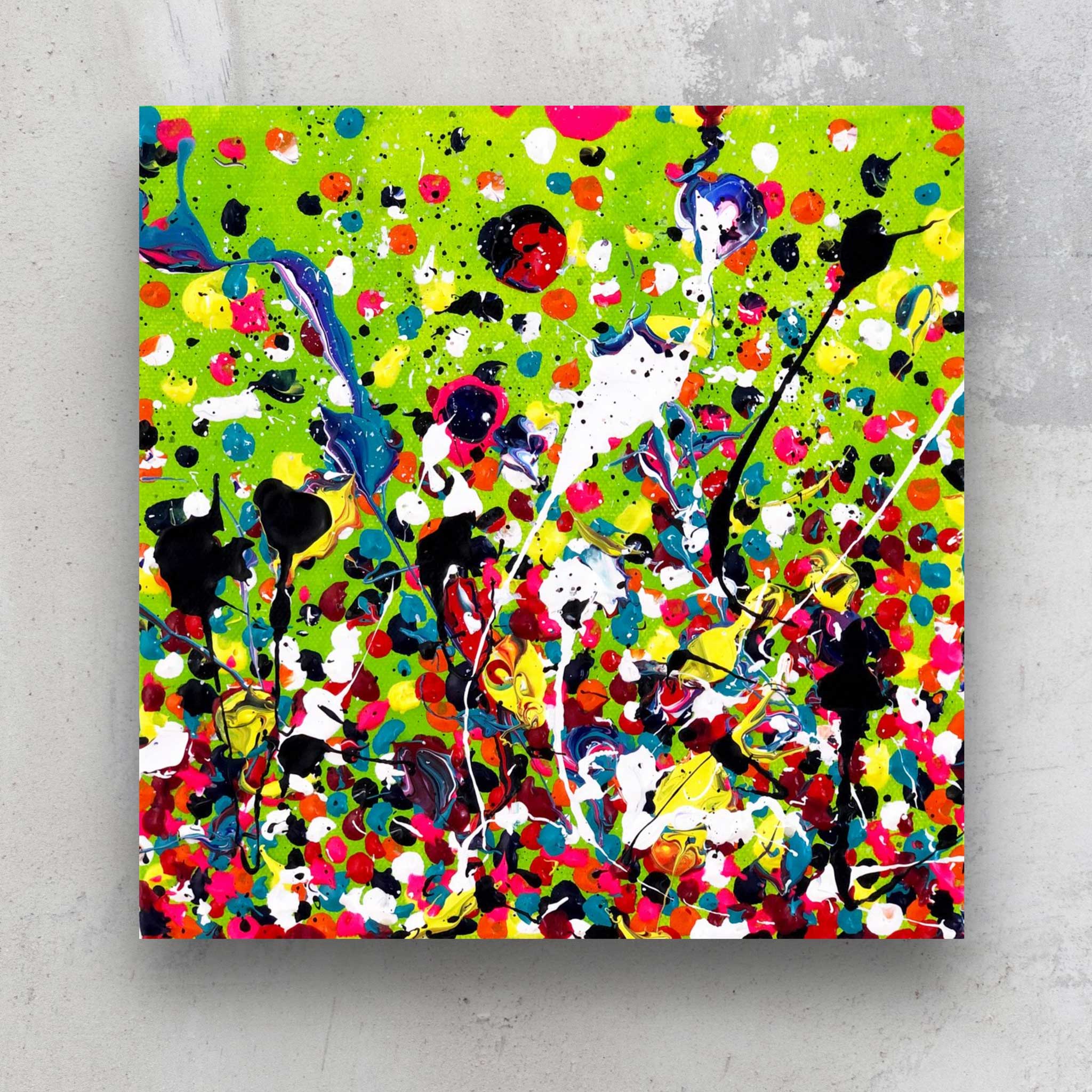 The Green Room, heavy texture abstract painting on canvas in bright colours with black and white marks. Painted by Bridget Bradley