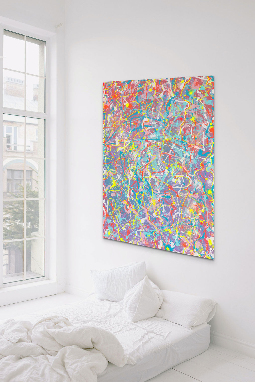 'Truth' original abstract expressionism painting with bright pastels and neon colours in white room hanging above bed. Painting created by Bridget Bradley