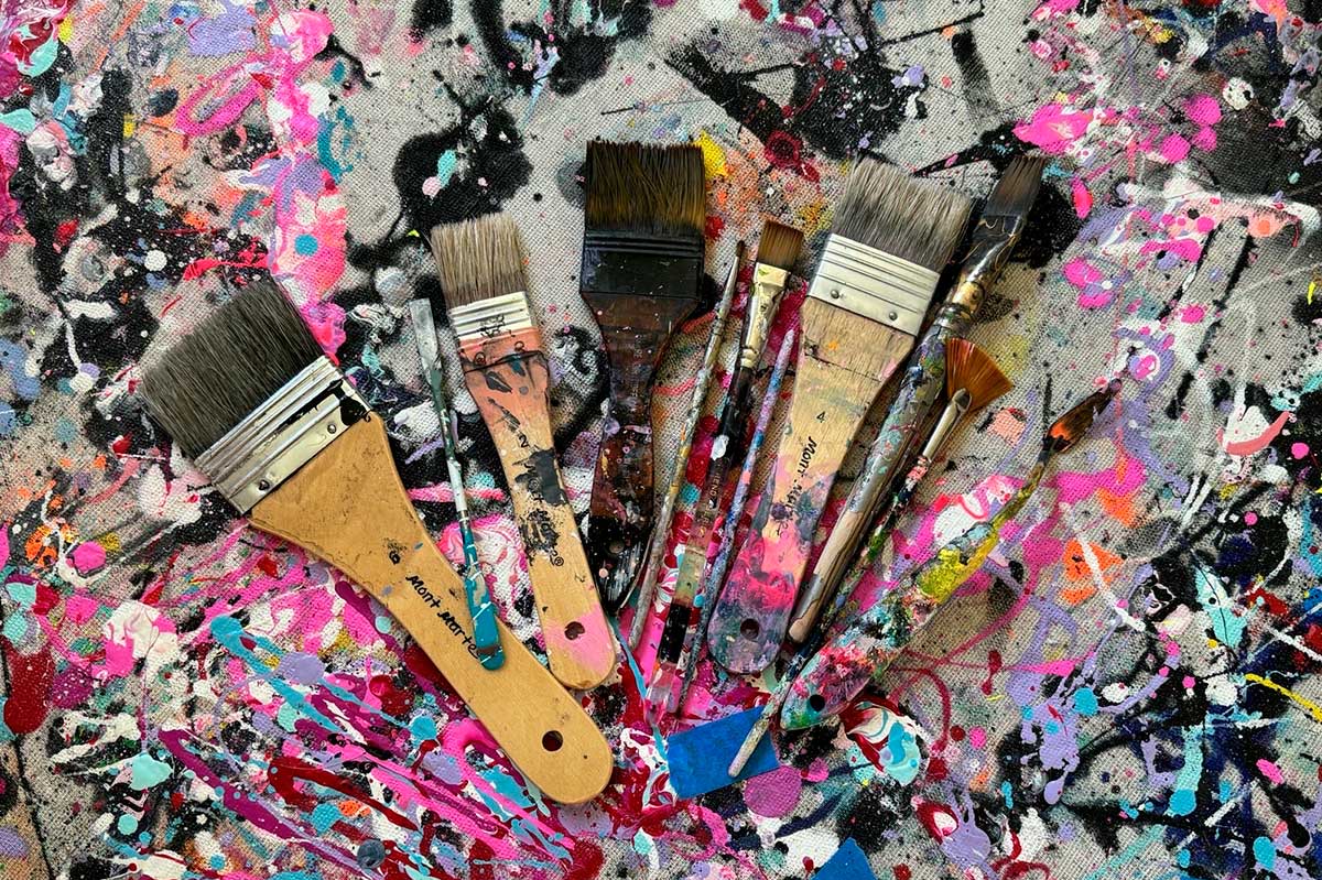 Bridget Bradley, Abstract Artist, Art Brushes Studio On Canvas with Paint Over It Floor-Premium Art Materials