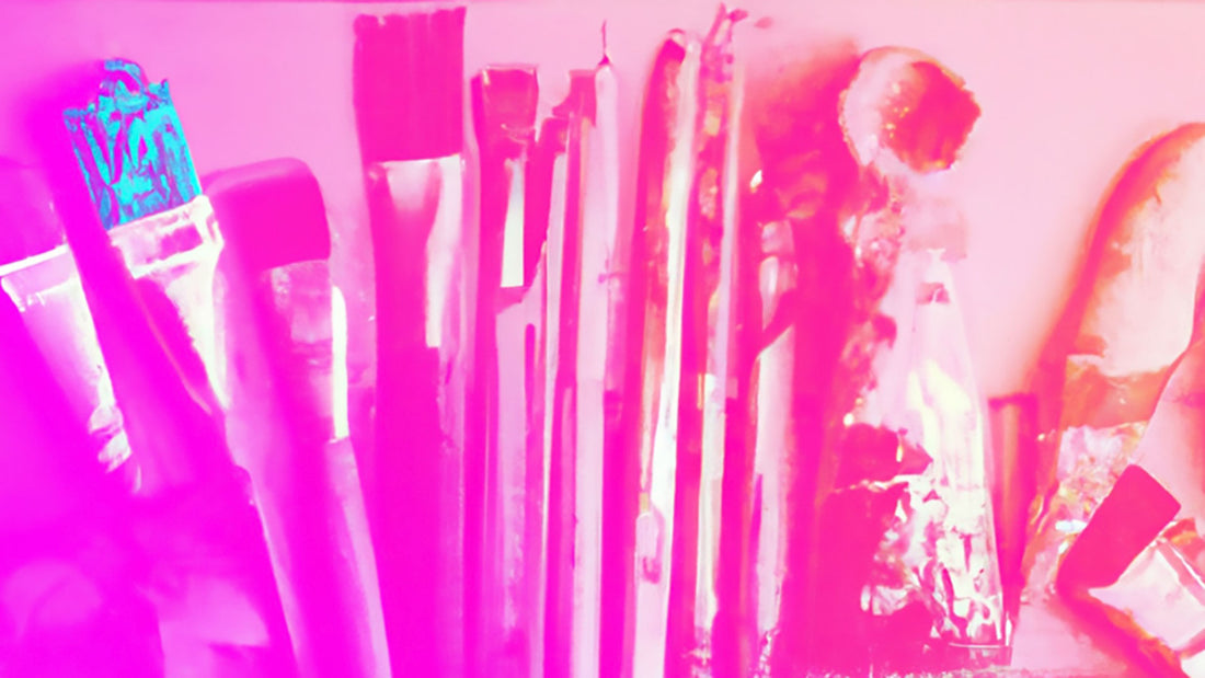 Image of Artist Paints and Brushes with Pink Hues