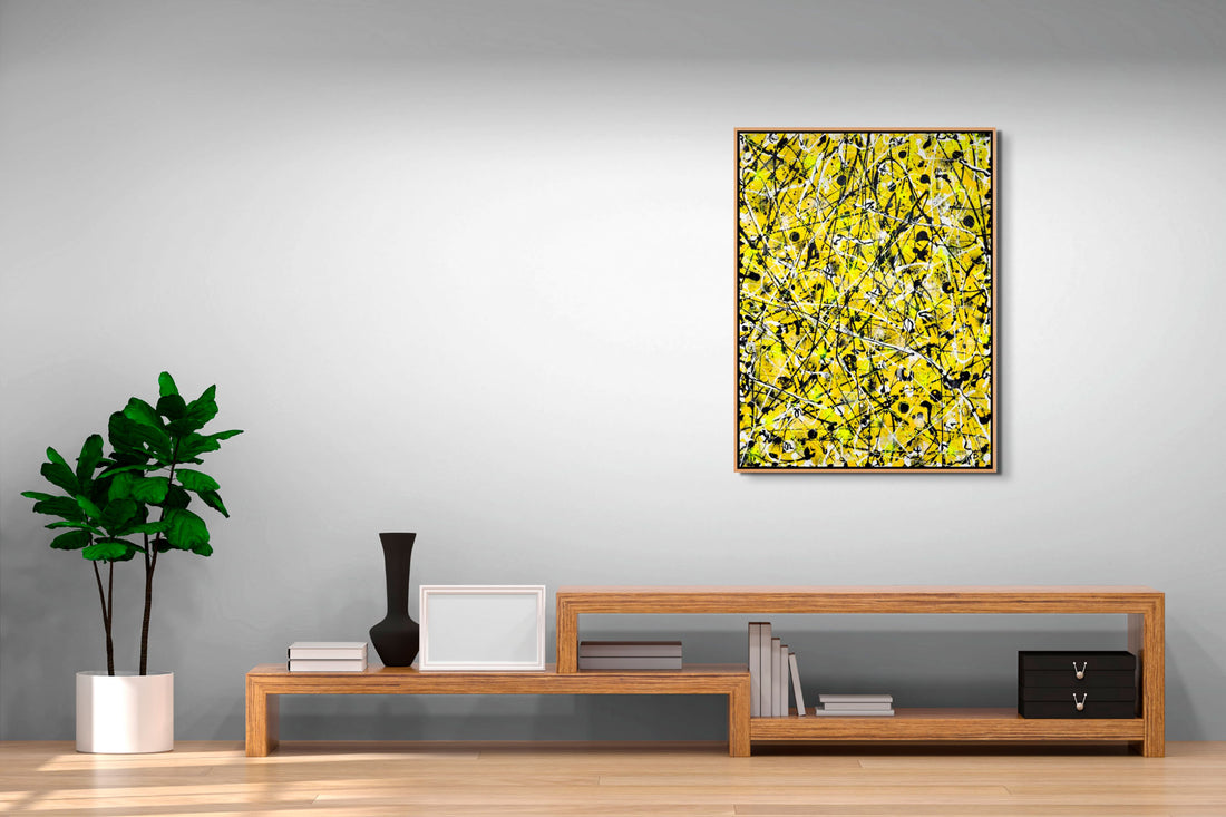 Image of 'Beehive' abstract expressionism painting by Bridget Bradley seen hanging in modern space
