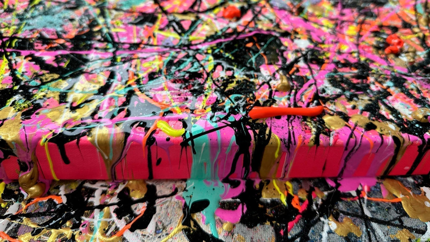 LABYRINTH II Original Abstract Painting by Bridget Bradley. Vibrant abstract expressionism art in progress on studio floor, showing wet paint extended onto edges and floor