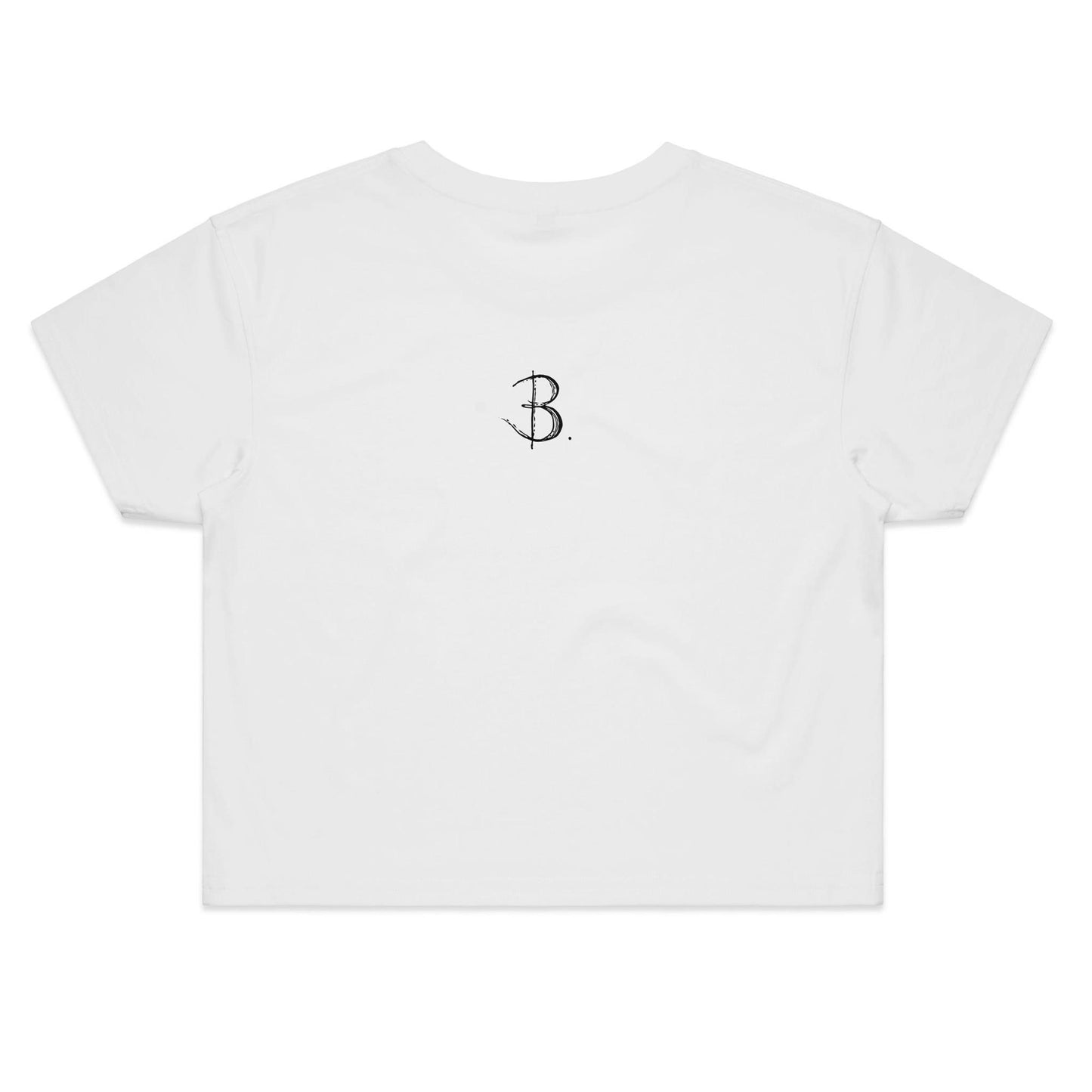 Smile Crop Top Tee, contemporary streetwear, back with 'B' logo. Designed by Bridget Bradley, Abstract Artist and Designer