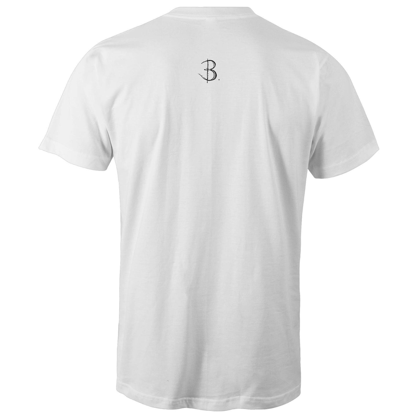 'OFF GRID' Luxury White Mens or Unisex Premium Quality T-Shirt with 'B' Logo of Bridget Bradley, Abstract Artist and Designer. Designed by Bridget Bradley
