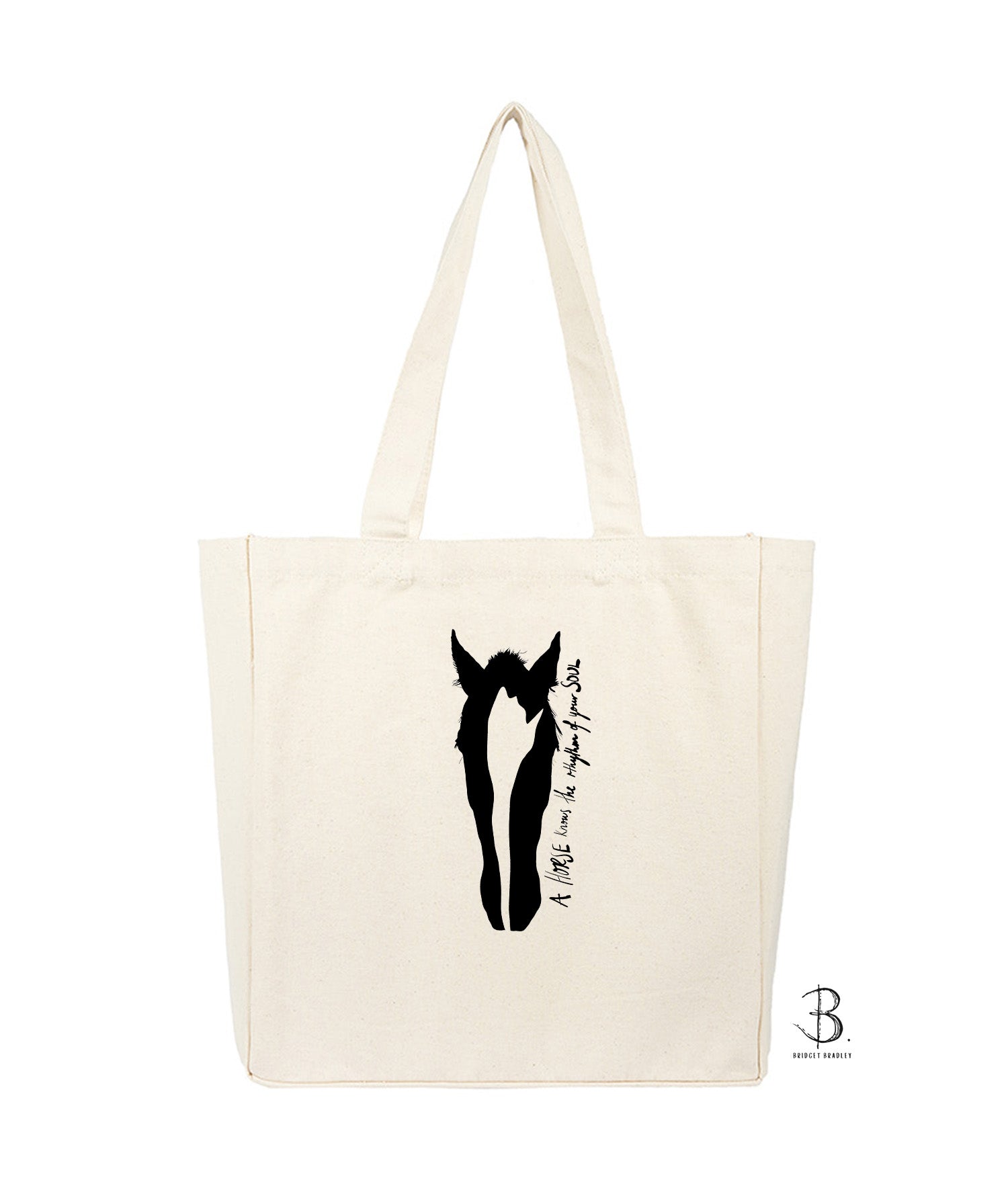 Natural Colour Cotton Canvas 'A Horse's Soul' Tote, with exclusive artist art print and quote of a horses head. created by Bridget Bradley, contemporary artist and designer Australia. Limited numbers available.