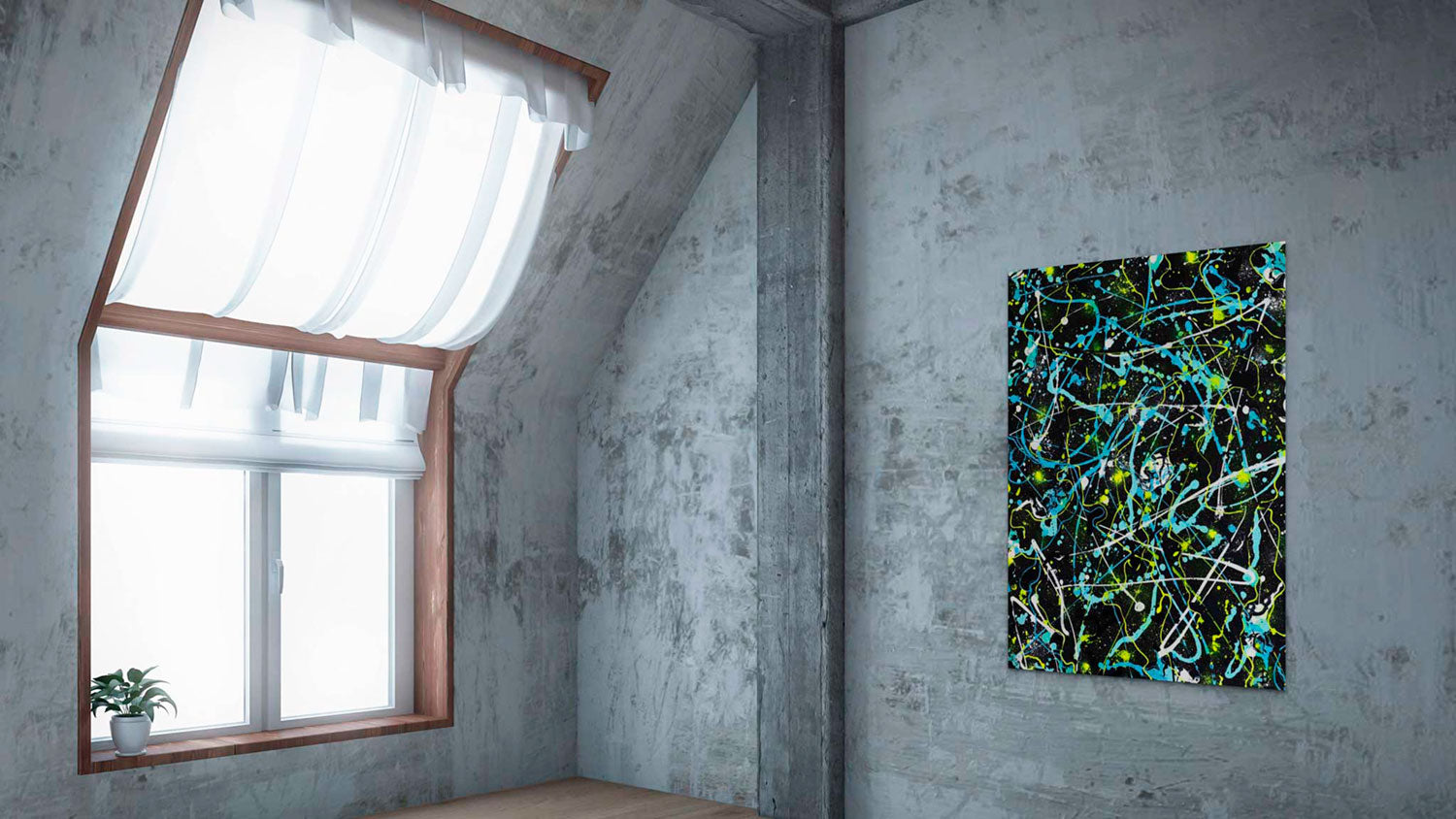 'Alien' original abstract painting in black with neon yellow, white and blue marks seen hanging in loft apartment on concrete wall. Abstract artwork by Bridget Bradley.