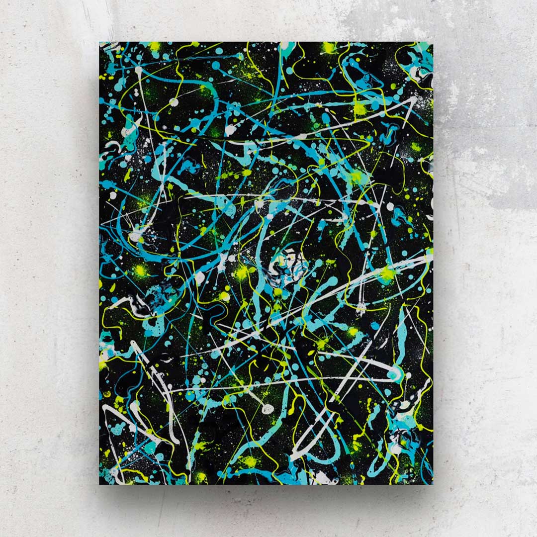 'Alien' large original abstract painting on canvas in neon yellow, white and blues over black. Abstract artwork by Bridget Bradley contemporary abstract artist.