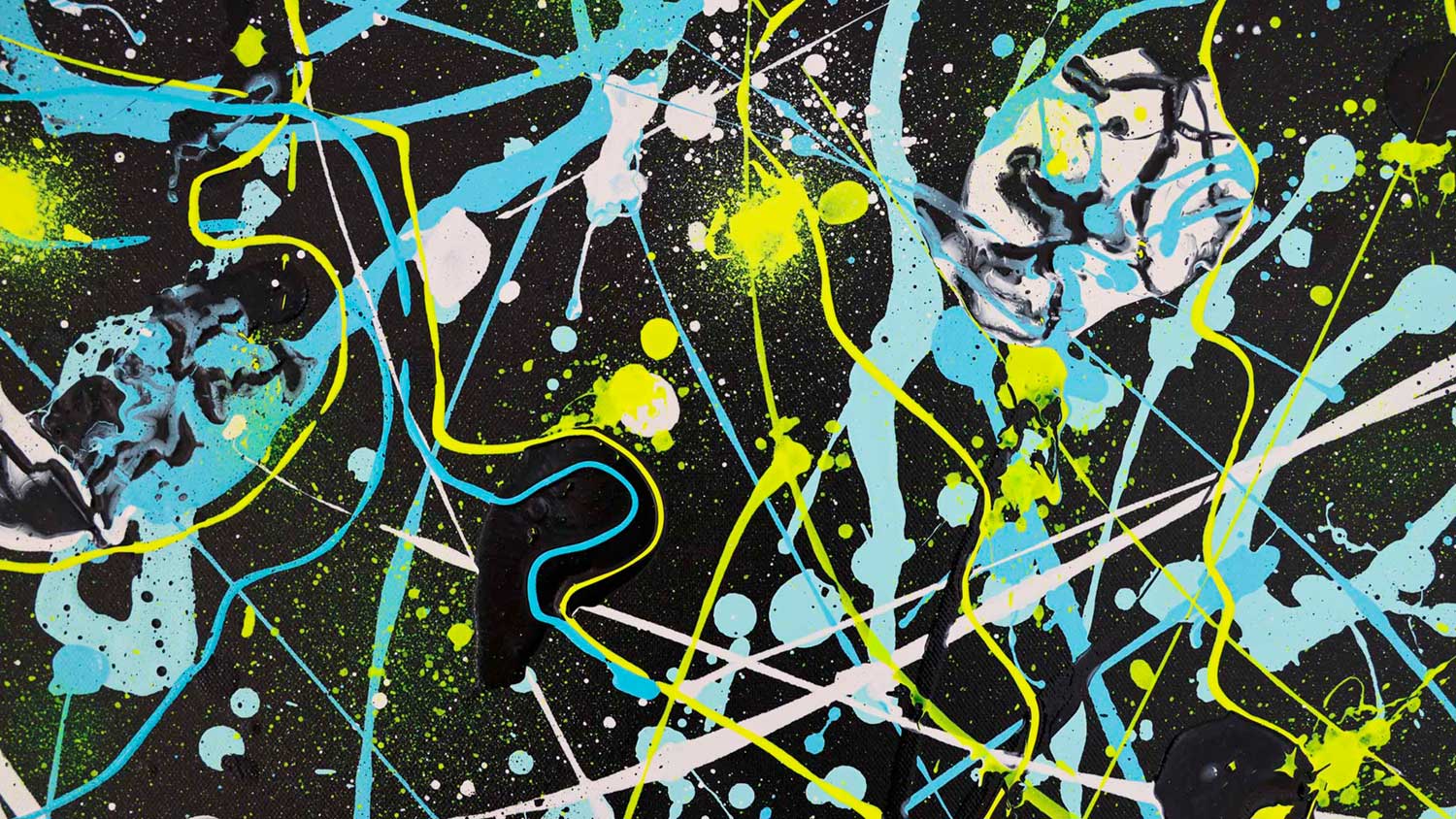 'Alien' original abstract painting close up showing brightly coloured layers and marks in neon yellow, blues and white over black. Large abstract wall art by Bridget Bradley