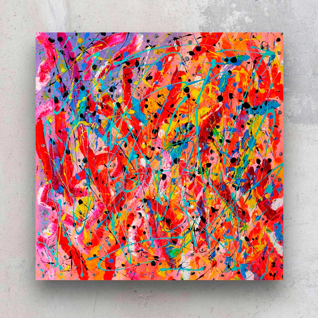Alive, a large, original abstract painting in bold colours with texture. 91cm x91cm. Painted by Bridget Bradley, Abstract Expressionism Artist