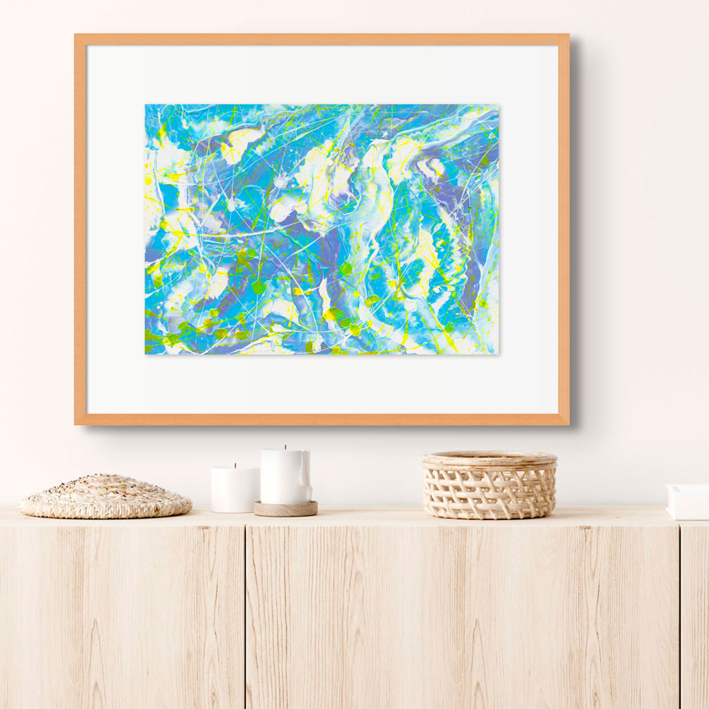 'Atmosphere' original abstract art on paper in beautiful palette pf blues, white with neon yellow marks. Slightly textural, seen in situ framed in oak with a white mat hanging above a blonde wooden console.. Painted by Abstract Artist, Bridget Bradley.