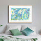 'Atmosphere' Fine art paper print framed in oak, hanging in bedroom. After the original painting on paper in beautiful pastel colours and a hint of sunshine in neon yellow by Bridget Bradley.