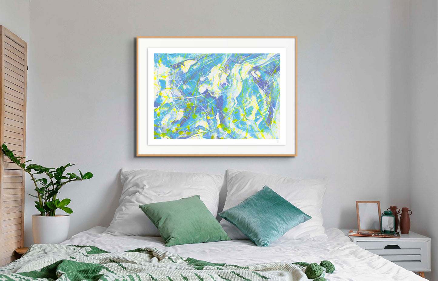'Atmosphere' Fine art paper print framed in oak, hanging in bedroom. After the original painting on paper in beautiful pastel colours and a hint of sunshine in neon yellow by Bridget Bradley.