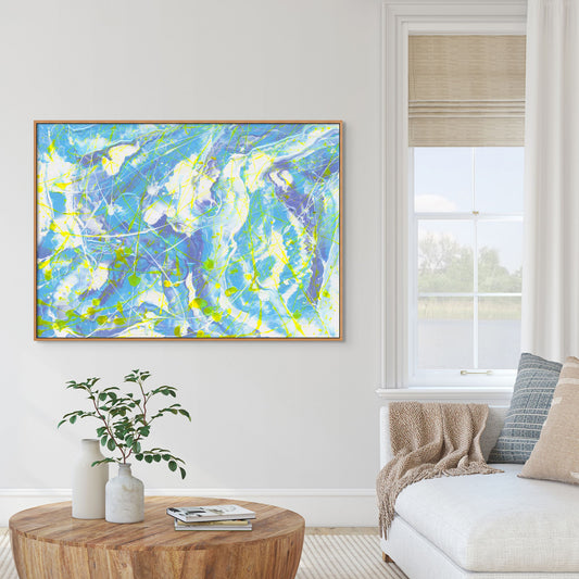 'Atmosphere' Canvas Print Unframed Hanging on white wall near window. Fine Art print in soft pastel palette. After the original abstract by Bridget Bradley