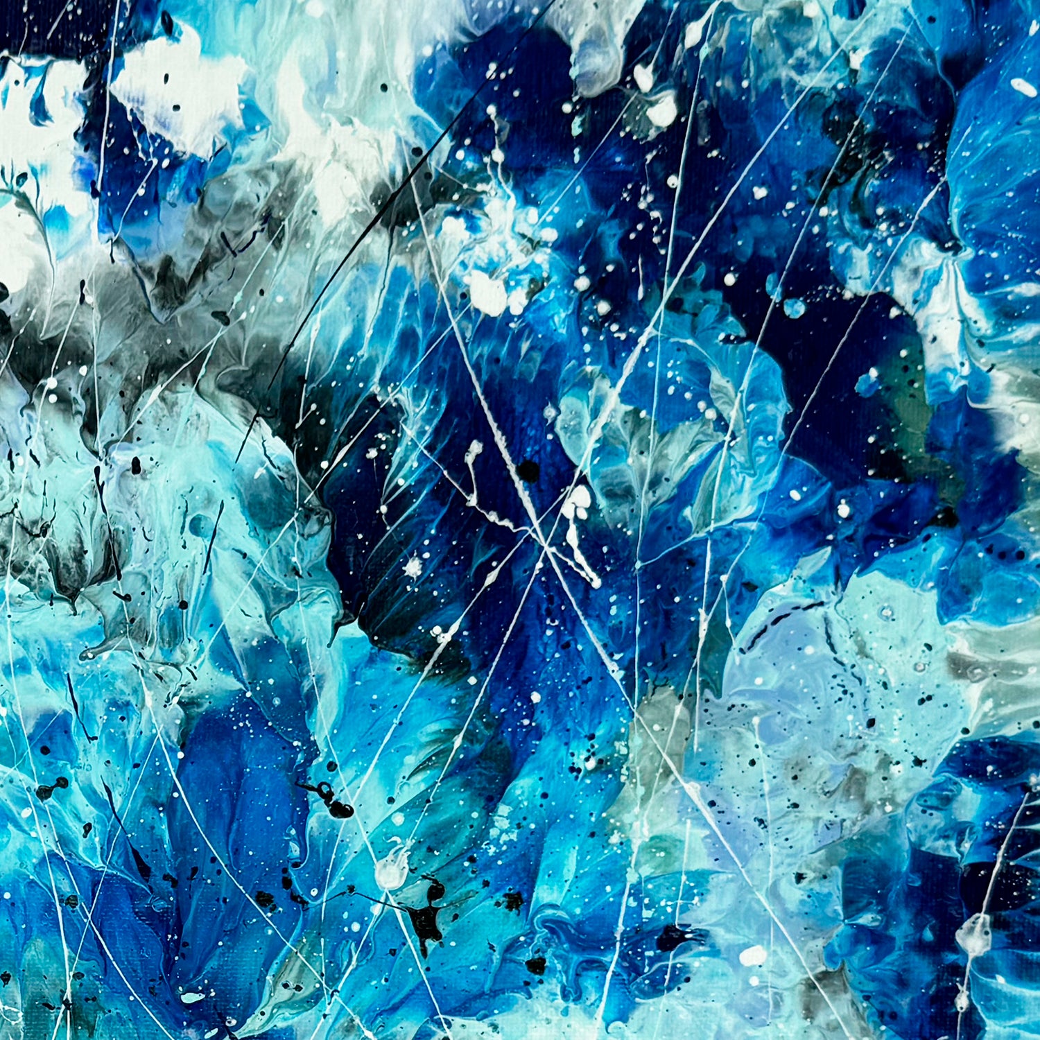 Closeup detail of layers and mark Abstract Expressionism original; Painting in blue, azure, white and dark hues. Learn more about this contemporary artwork by Bridget Bradley, Brisbane and Sunshine Coast Queensland Australia