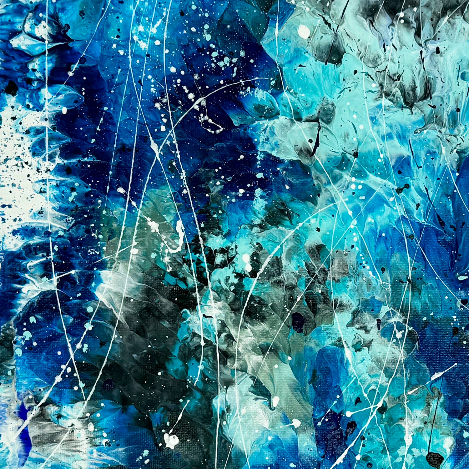 Closeup detail of white marks on 'AZURE WATERS I' abstract expressionism original art in bright blue and dark hues. Learn more about this contemporary artwork by Bridget Bradley, Brisbane and Sunshine Coast Queensland Australia