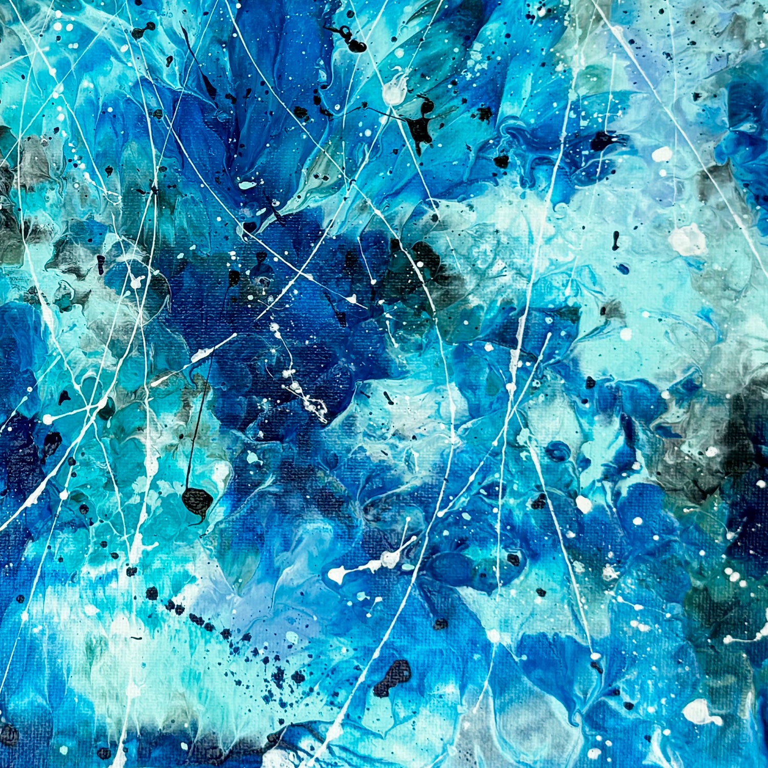 Closeup of 'AZURE WATERS I'textures in blue white and dark hues. Learn more about this contemporary artwork by Bridget Bradley, Brisbane and Sunshine Coast Queensland Australia