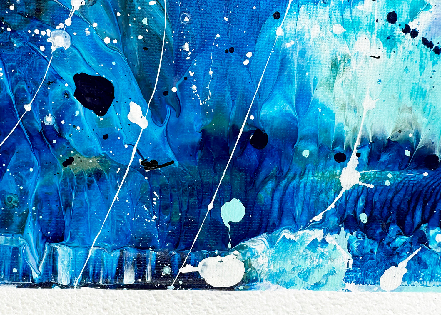 Closeup of lower edge of canvas when unframed. 'AZURE WATERS I' contemporary art by Bridget Bradley in bright and dark blue hues with white marks. Learn more