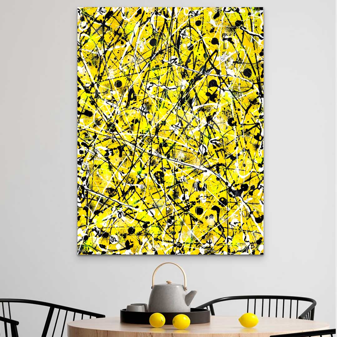 Beehive, original abstract painting on premium canvas with a bright colour palette of yellows, white and black seen without an external frameclose up in dining room setting. Artwork created by Abstract expressionist Artist, Bridget Bradley