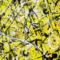 Beehive, original abstract expressionism painting texture up close. Action painting in yellow, neon yellow, white and black. Painted by Bridget Bradley 