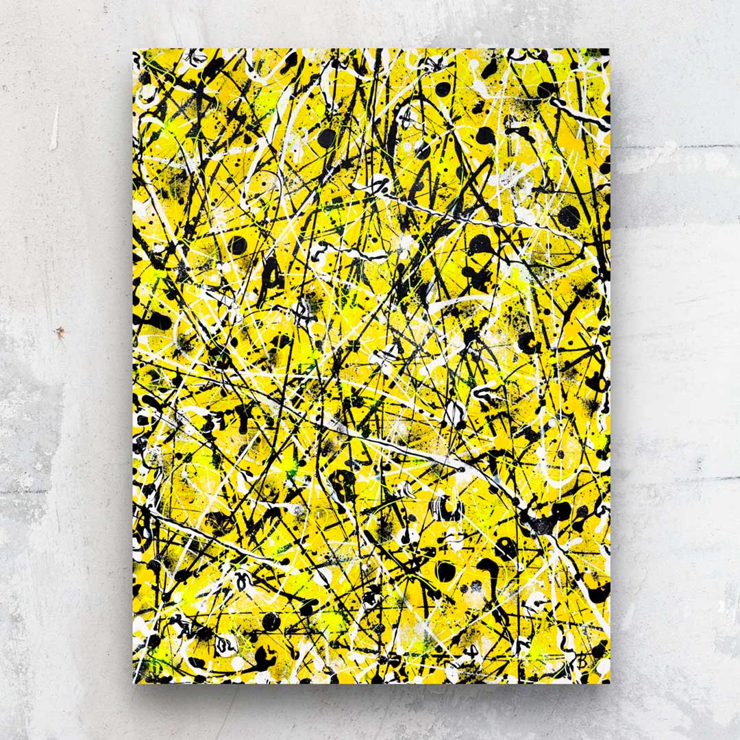 Beehive, large original abstract expressionims painting on canvas painted by Bridget Bradley. Colourful palette in yellows, neon yellow, white and black. Discover more now