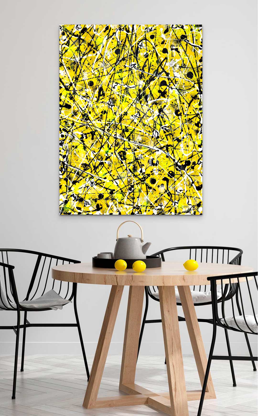 Beehive, large, colourful, original abstract hanging in dining room near table and chairs. Artwork painted by Abstract Artist, Bridget Bradley