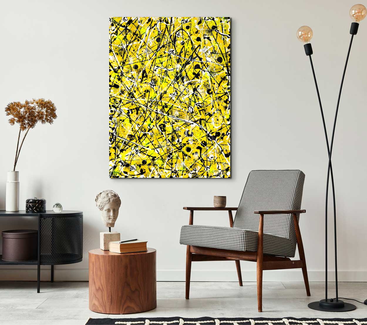 Beehive, original abstract expressionism painting without external frame seen hanging in a living room. Artwork painted by Bridget Bradley, Abstract Artist, Australia