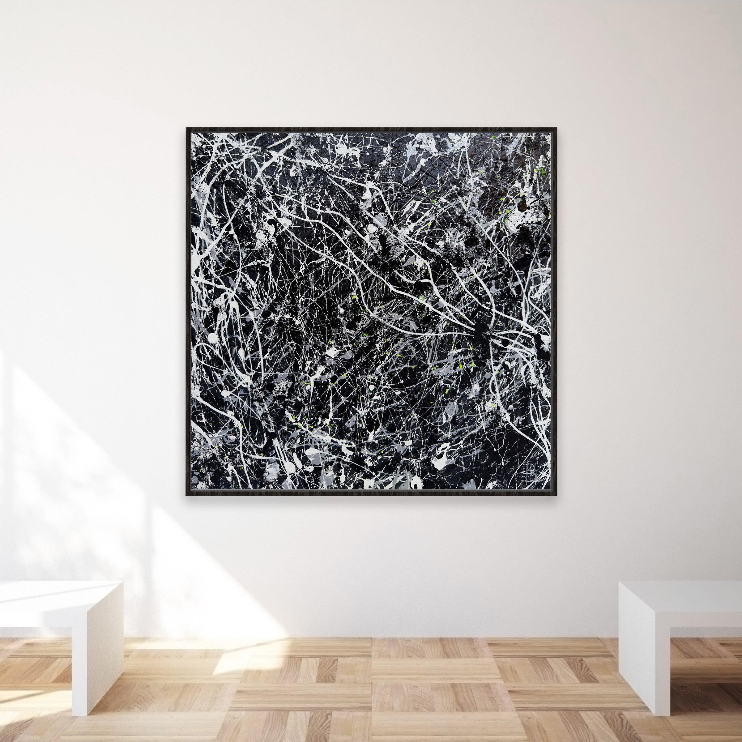 Blackhat Canvas Print with black frame in situ. After original painting by Bridget Bradley, contemporary abstract expressionist artist, Australia