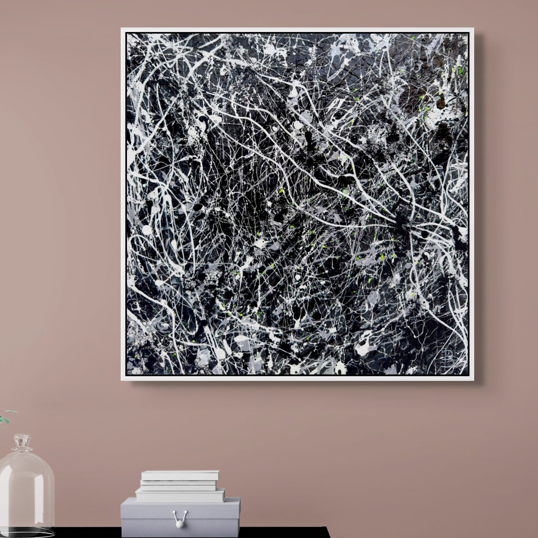 'Blackhat' original contemporary, black and white, textured abstract expressionism painting by Bridget Bradley.Visualized in situ with white float frame.
