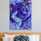 'Blue I' Canvas Art Print in Oak Float Frame Above Bed with Blue Cushion. After the hand painted abstract on paper by Bridget Bradley