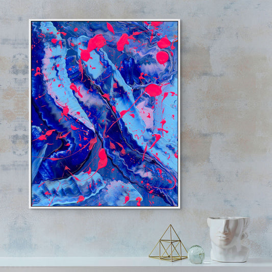 'Blue III'  Large Canvas Print White Float Frame Above Table with ornaments. After original painting b y Abstract expressionist, Artist Bridget Bradley