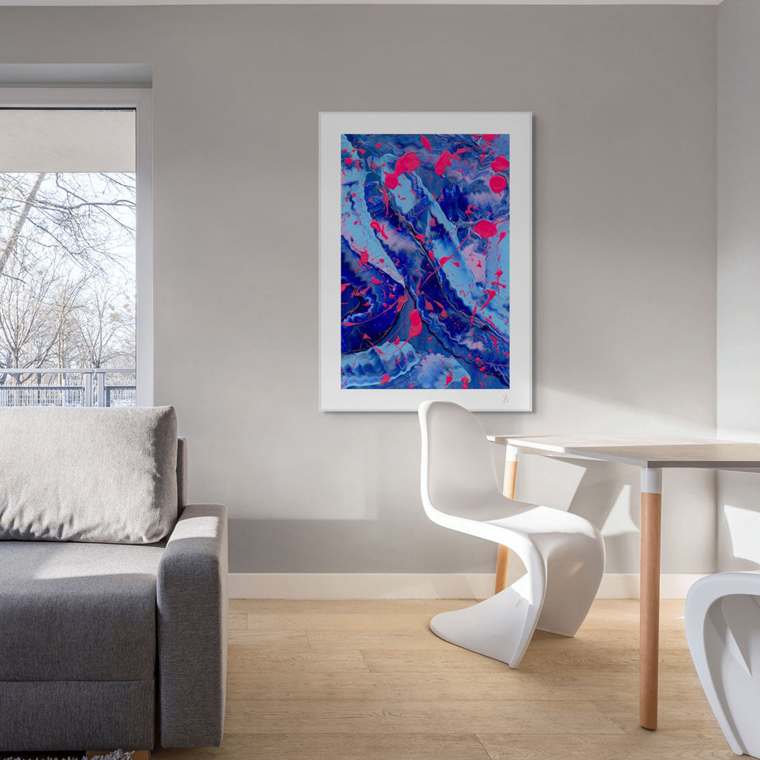 'Blue III' Large Paper Art print with white border and white shadow box frame seen hanging on living room wall. After the original abstract on paper by Bridget Bradley