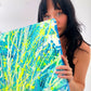 Bridget Bradley Abstract  Artist Holds Original Painting Luminescence. Beautiful bVibrant Textured Art With Neon. Learn more