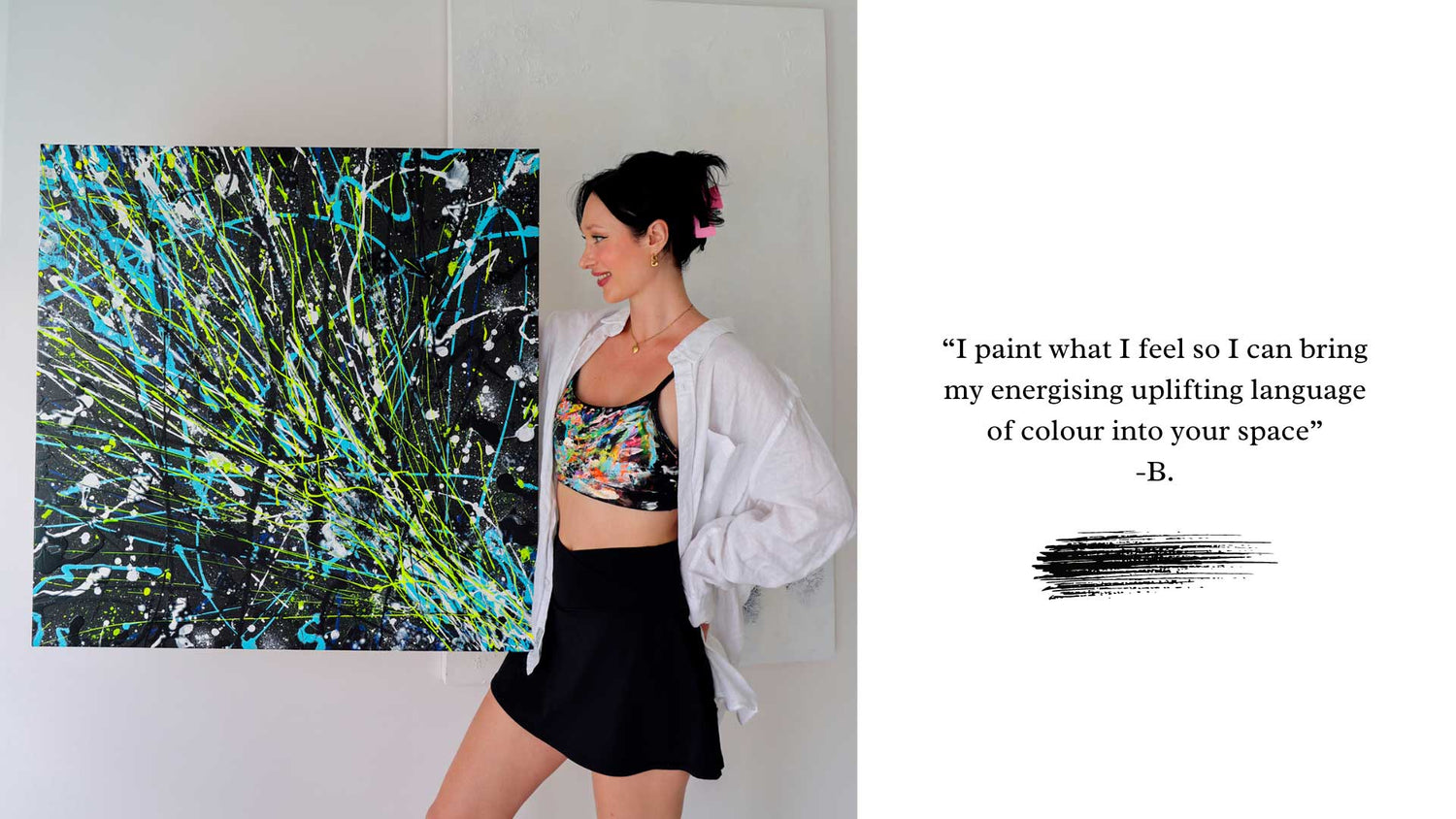 Image of Bridget Bradley, Abstract Expressionism Artist holding one of her original paintings.