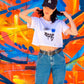 Bridget Wears her designer white Smile Crop Top Tee With Jeans B-Contemporary-Streetwear