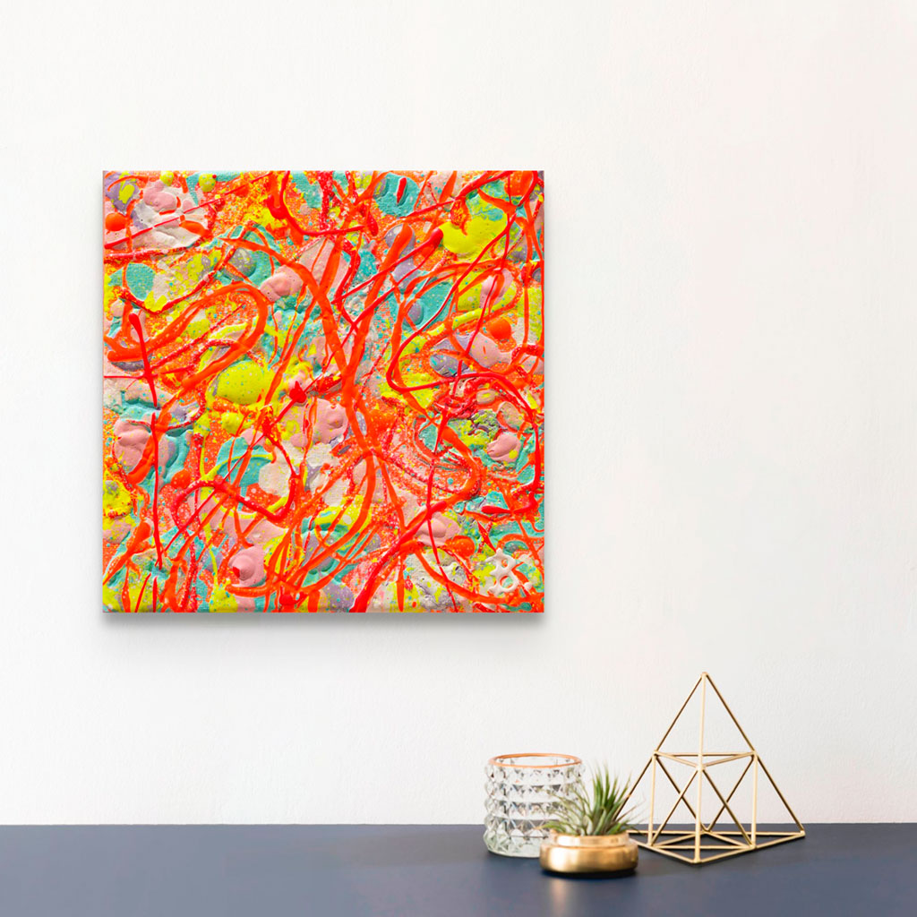'bright' Abstract On Canvas by Bridget Bradley, hanging Seen Above ornaments.