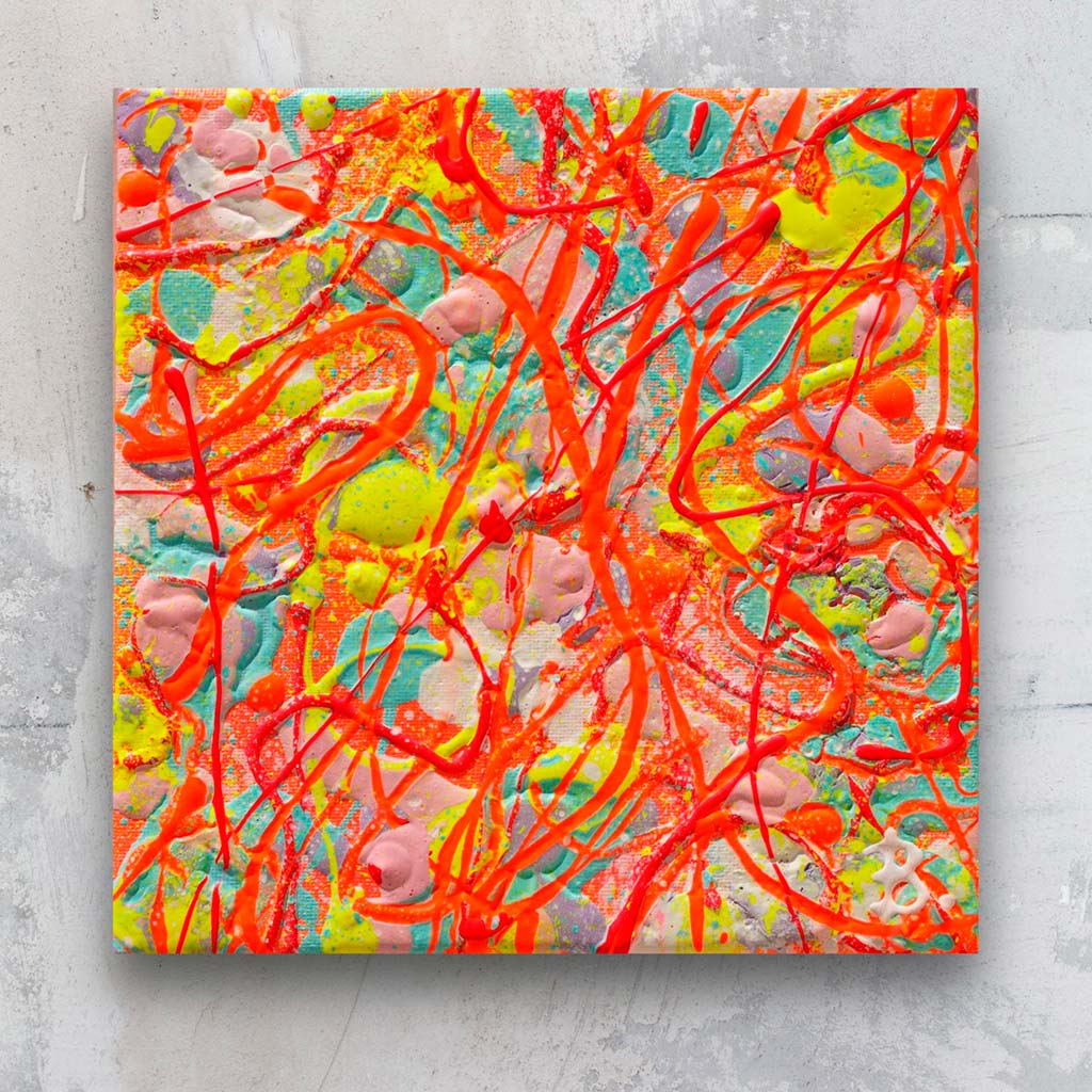 'Bright' orogonal abstract painting on canvas in vivid colours with neon yellow and neon orange action painting. Hand painted by Bridget Bradley, Abstract Expressionist Artist, Australia