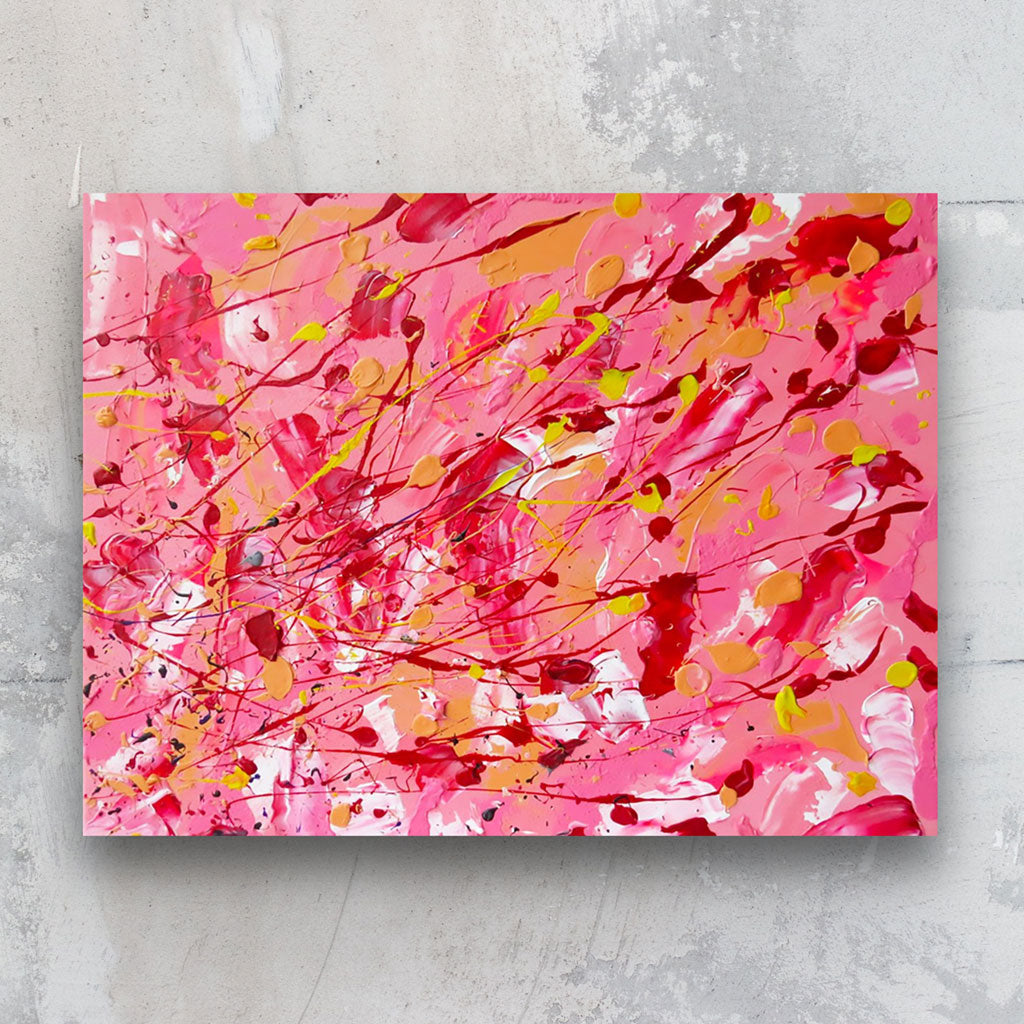 'Broken Blush' original abstract painting on canvas in bright pinks, peach and red with white marks. Painted by Bridget Bradley, Abstract Expressionism Artist