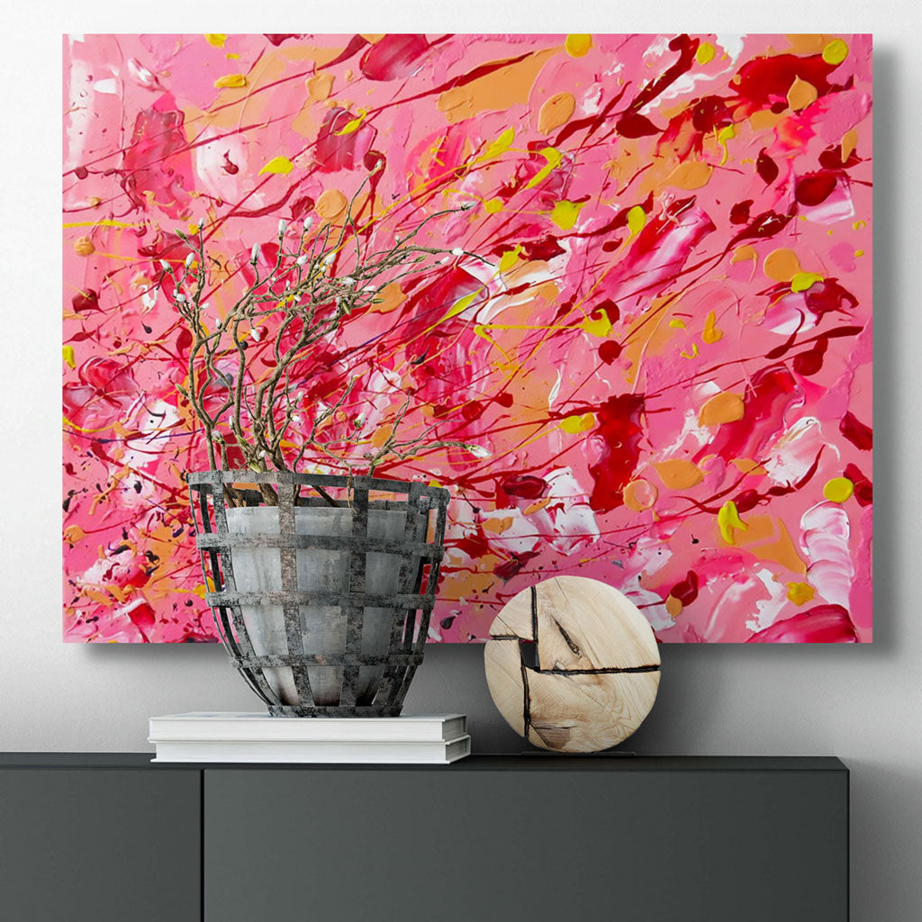 'Broken Blush' original abstract painting, textured in bright pinks and red colours, visualized on wall above console. Painted by Abstract Expressionism Artist, Bridget Bradley