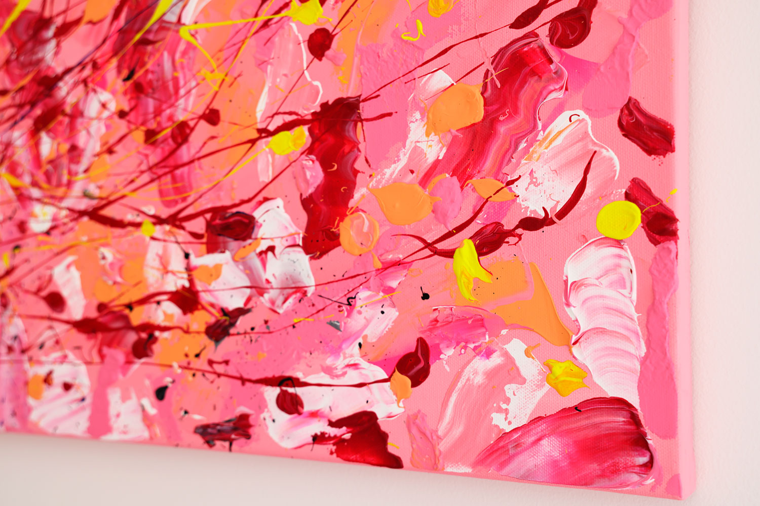 'Broken Blush' Abstract Painting from side view of canvasby Bridget Bradley.