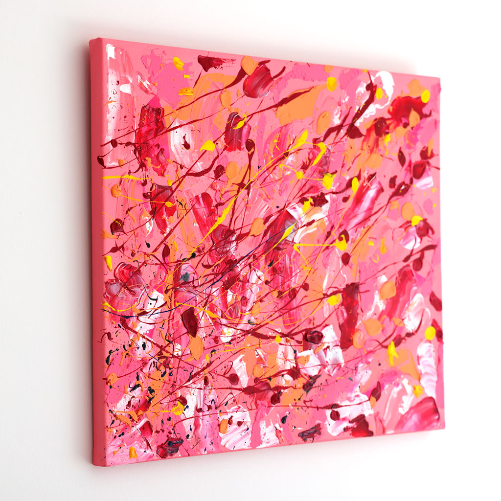 'Broken Blush' original abstract painting by Bridget Bradley seen hanging on wall.