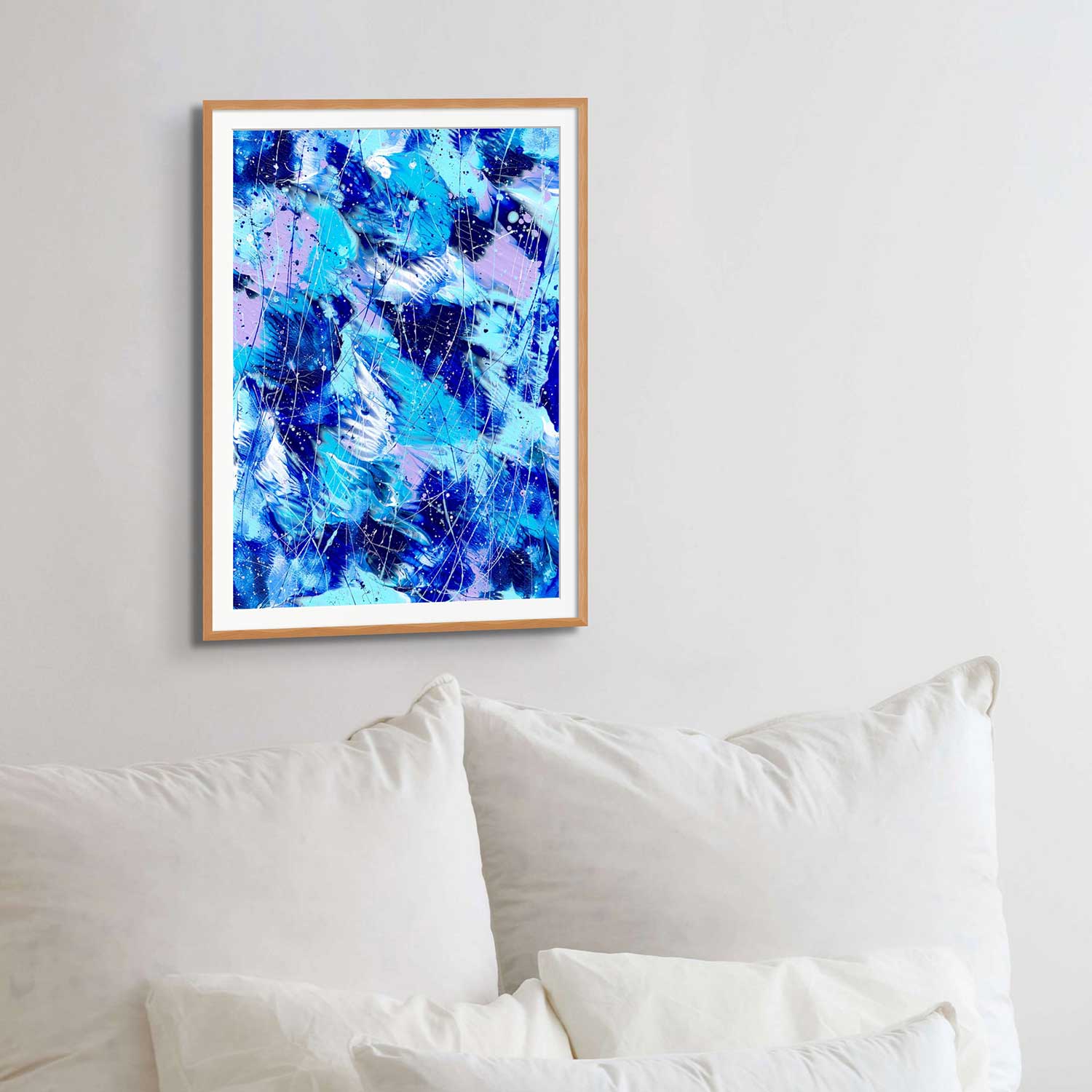 'Butetrfly $' Butterfly Series Original Abstarct Art on Paper by Bridget Bradley. Seen in Oak Frame Above White Pillows. Contemporary Abstract Artist Australia. View More