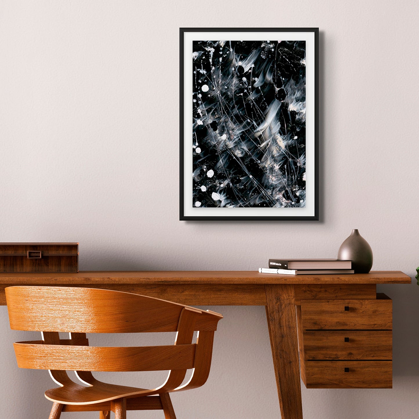 'Butterfly 9, Butterfly Series' original abstract on art paper hand-painted by Bridget Bradley. Seen framed in black with white mat, hanging in study. Learn more about this fine art painting.