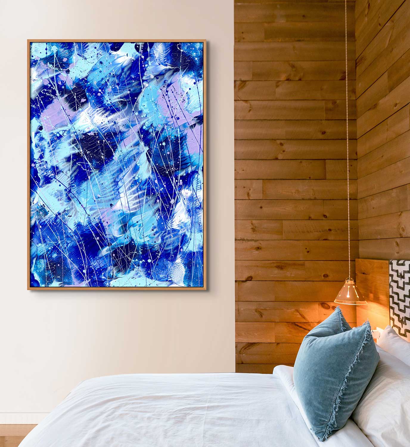 'Butterfly 3' Large Canvas print with Oak Frame hanging in bedroom. After original abstract painting by abstract artist,  Bridget Bradley