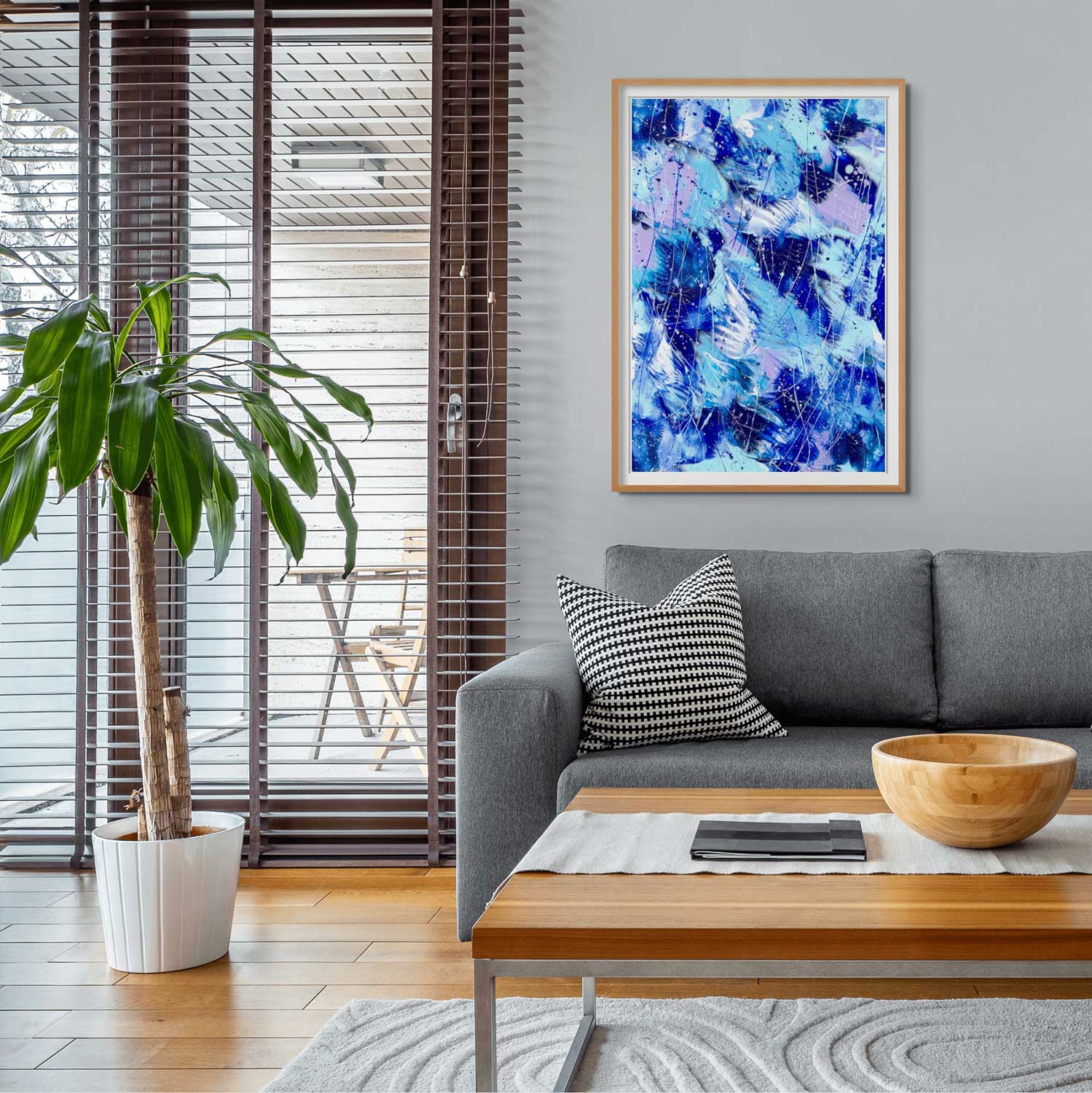 'Butterfly 4'Fine Art Paper Print  in Oak Frame With White Border seen Hanging in Living Room, Bridget-Bradley-Art