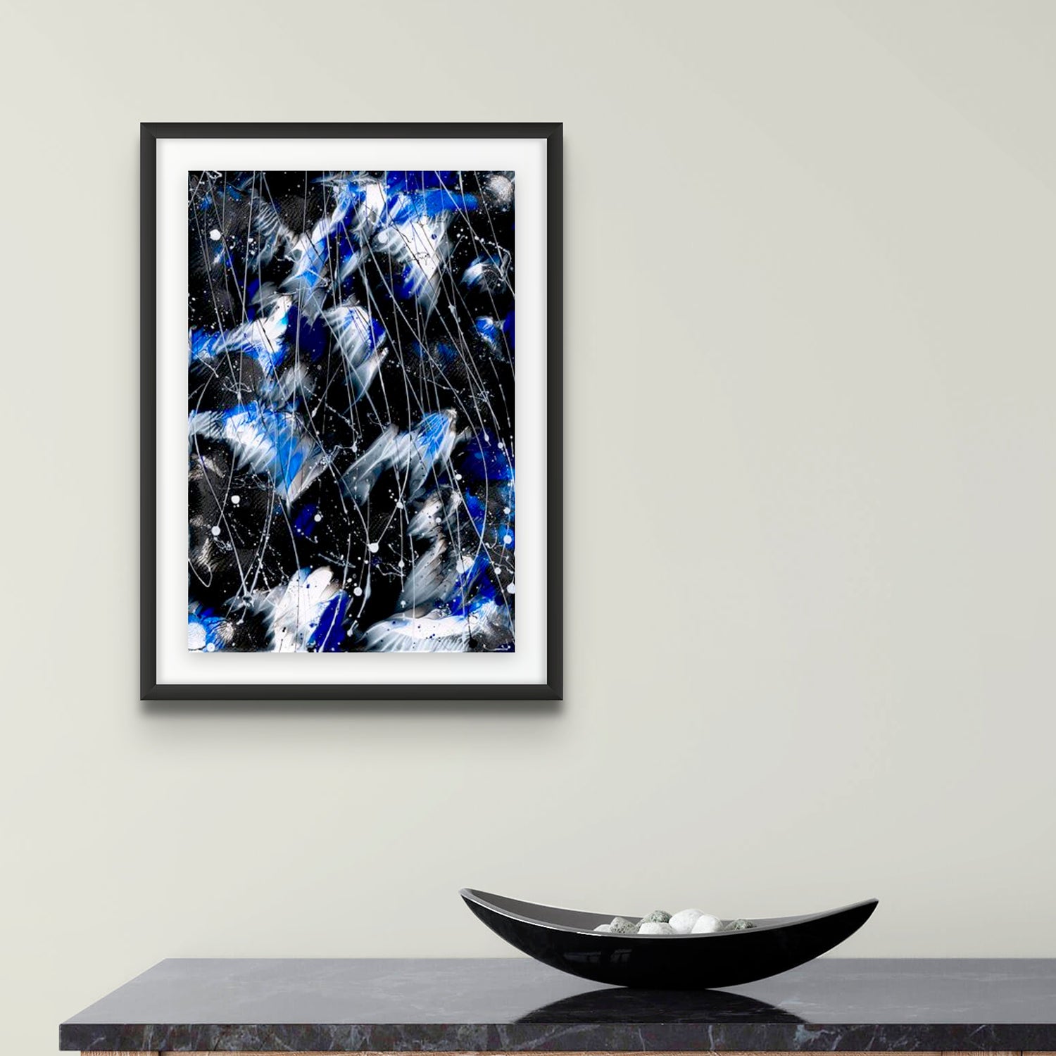 'Butterfly 7, Butterfly Series' beautiful, original abstract painting by Bridget Bradley. Fine art abstract seen framed in black with white mat and hanging in situ above black marble console and plate. Learn more.