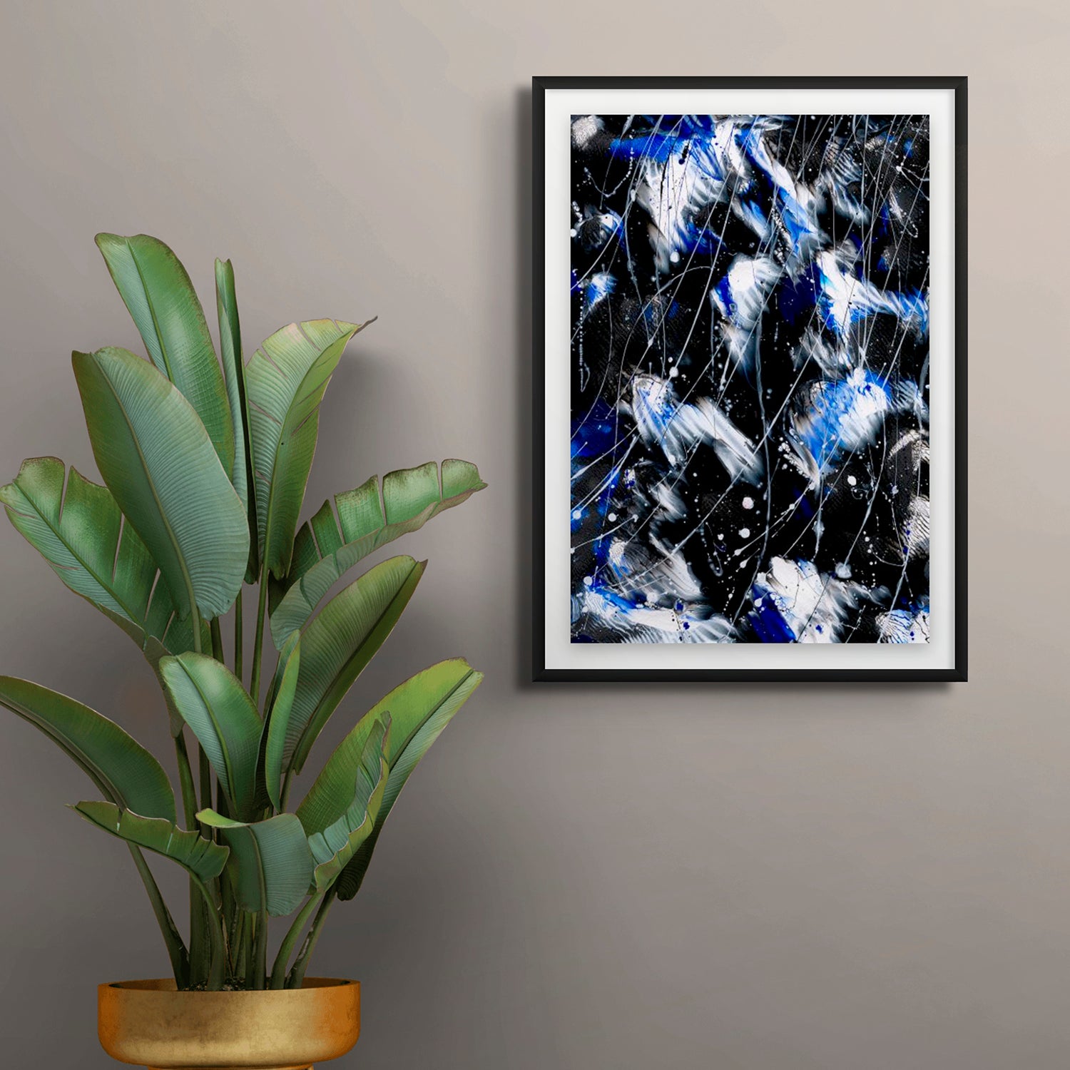 'Butterfly 8, Butterfly Series' original abstract painting by BridgetBradley, seen framed in black, hanging on wall near pot plant in brass pot. Learn more.