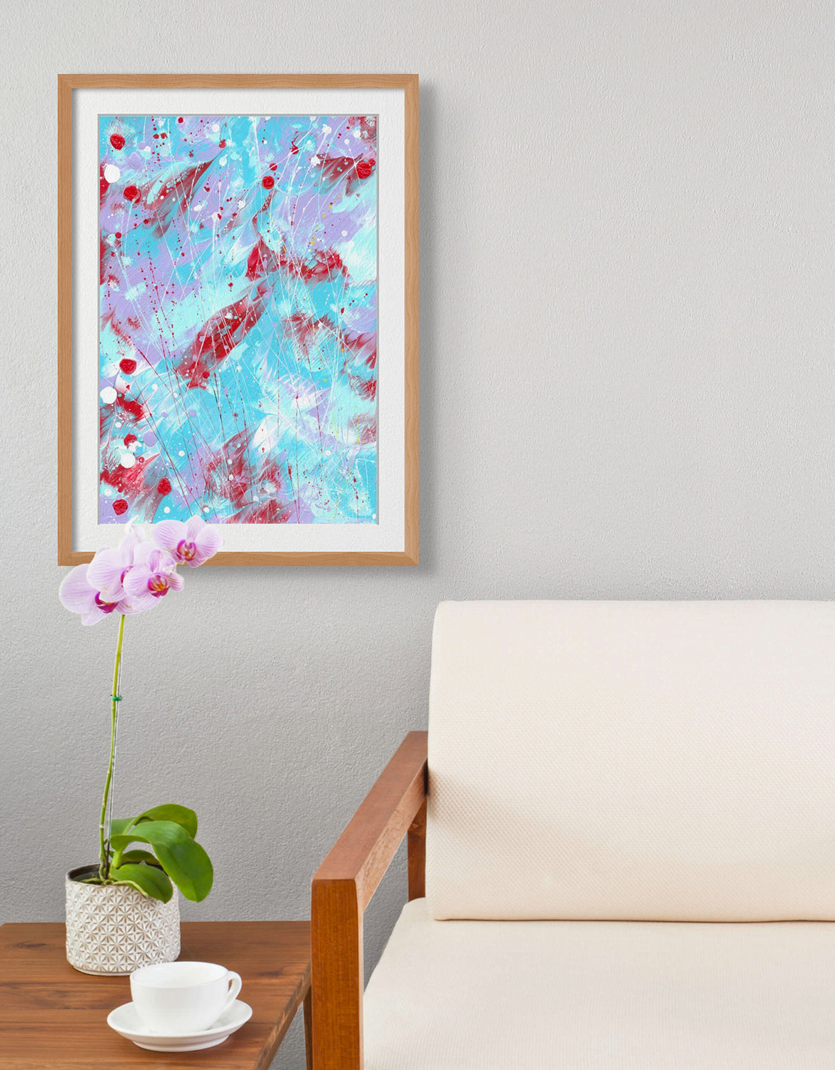 'Butterfly 5' Butterfly Series an  Original Painting by Bridget Bradley seen Framed in Oak and Hanging Above Table. Fine Art Abstract on Paper. View now!
