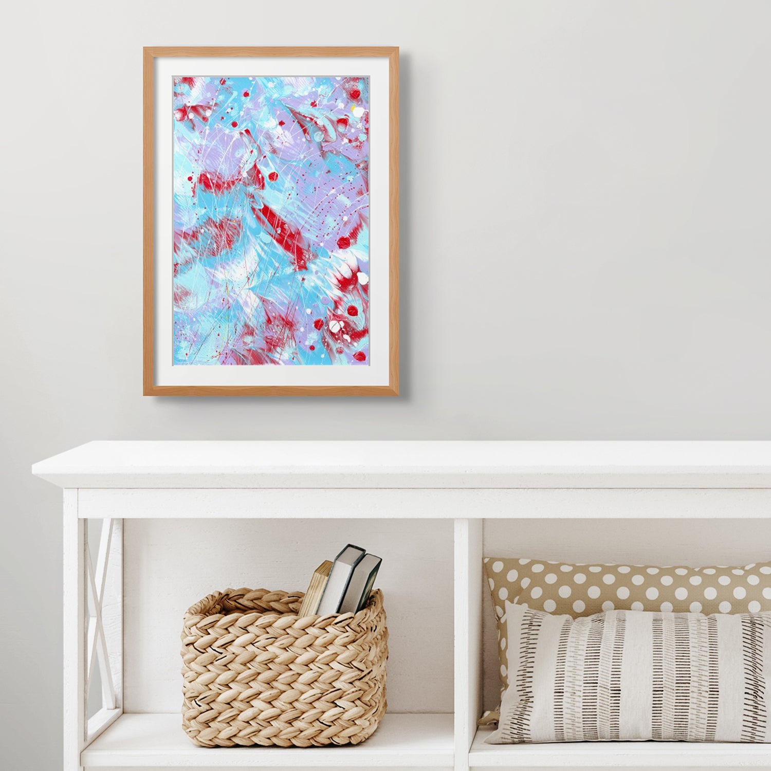 'Butterfly 6' Butterfly Series, Original Abstract Art by Bridget Bradley seen framed in oak and hanging above a white console. Unique, abstract fine art for sale now. 